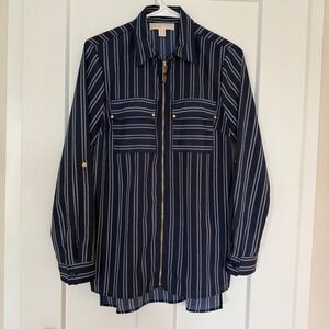 Michael‎ Kors Womens Navy White Stripe Zip Front Shirt Blouse Size S